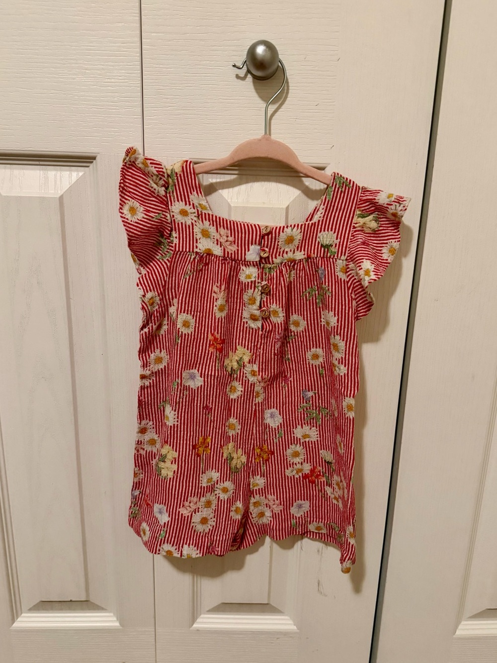Zara Girls' Red Striped Daisy Flutter Sleeve Jumpsuit